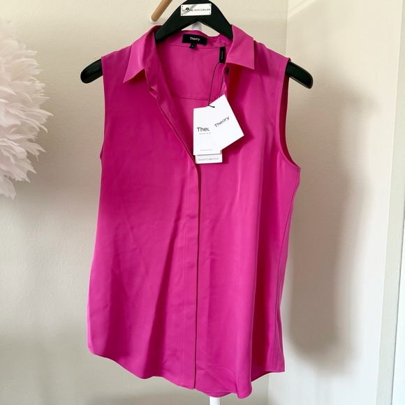 NWT🔖Theory Tanelis Sleeveless Silk Button-Up Shirt Hot Pink Work Carnation - Picture 2 of 7